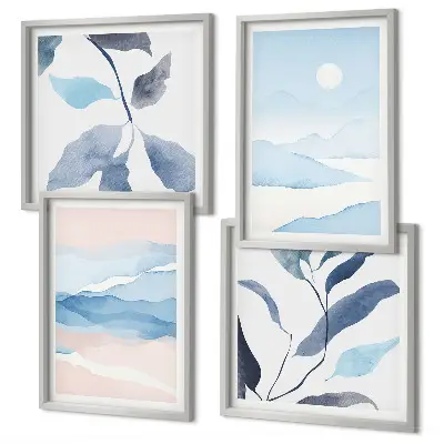 Mur de tableaux paysages de montagne à l'aquarelle avec des plantes