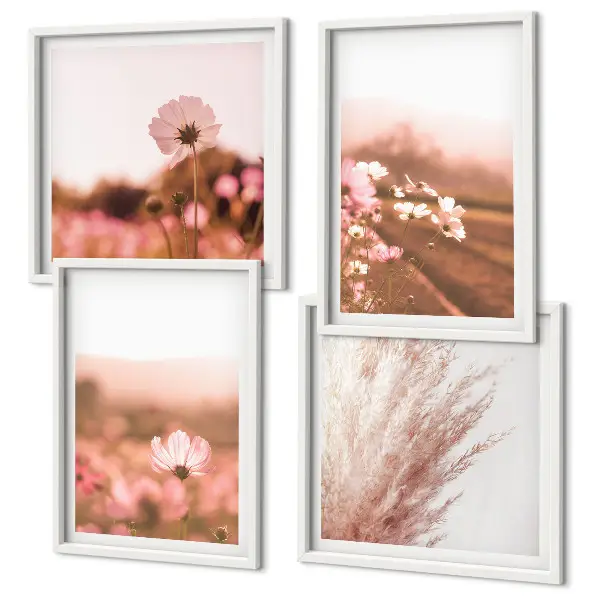 Ensemble de 4 tableaux représentant des fleurs sauvages dans des prairies en été
