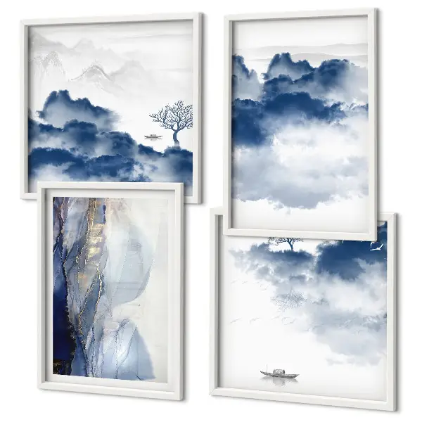 Mur de tableaux avec un paysage de montagnes, nuages, arbres et oiseaux en arrière-plan