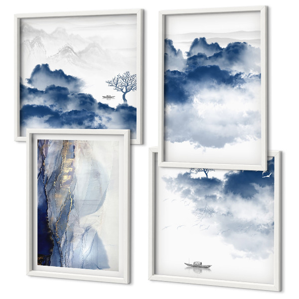 Mur de tableaux Montagnes, nuages, arbres, oiseaux en arrière-plan