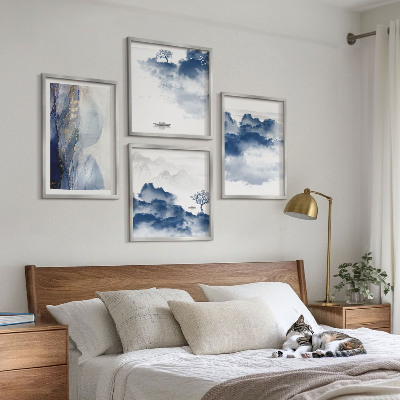 Mur de tableaux Montagnes, nuages, arbres, oiseaux en arrière-plan