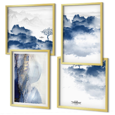Mur de tableaux Montagnes, nuages, arbres, oiseaux en arrière-plan