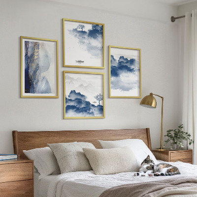 Mur de tableaux Montagnes, nuages, arbres, oiseaux en arrière-plan