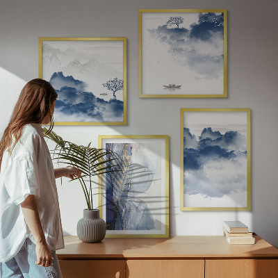 Mur de tableaux Montagnes, nuages, arbres, oiseaux en arrière-plan