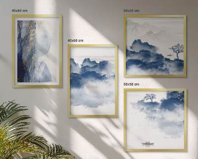 Mur de tableaux Montagnes, nuages, arbres, oiseaux en arrière-plan
