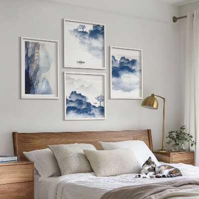 Mur de tableaux Montagnes, nuages, arbres, oiseaux en arrière-plan