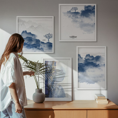 Mur de tableaux Montagnes, nuages, arbres, oiseaux en arrière-plan