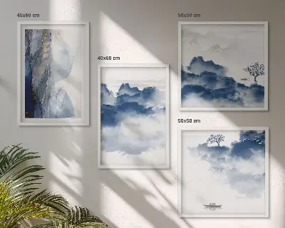 Mur de tableaux avec un paysage de montagnes, nuages, arbres et oiseaux en arrière-plan