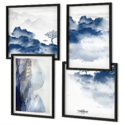 Mur de tableaux avec un paysage de montagnes, nuages, arbres et oiseaux en arrière-plan