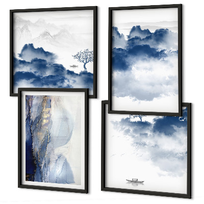 Mur de tableaux Montagnes, nuages, arbres, oiseaux en arrière-plan