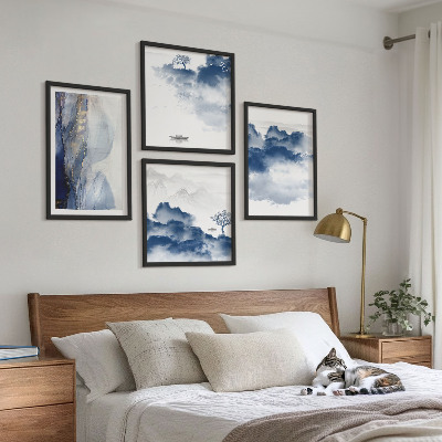 Mur de tableaux Montagnes, nuages, arbres, oiseaux en arrière-plan