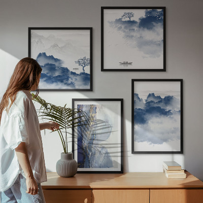 Mur de tableaux Montagnes, nuages, arbres, oiseaux en arrière-plan