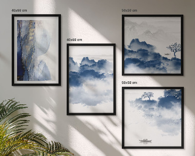 Mur de tableaux Montagnes, nuages, arbres, oiseaux en arrière-plan