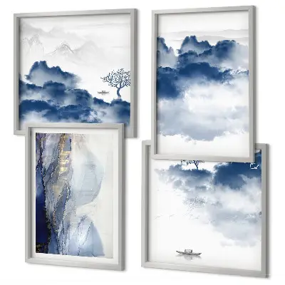 Mur de tableaux avec un paysage de montagnes, nuages, arbres et oiseaux en arrière-plan