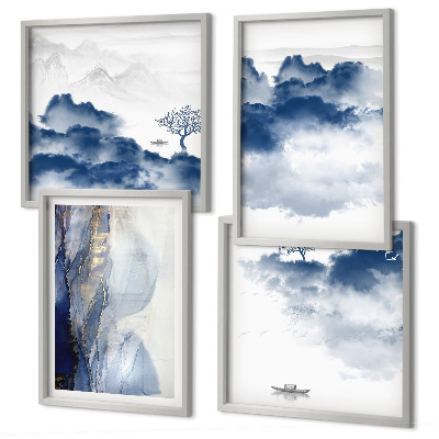 Mur de tableaux Montagnes, nuages, arbres, oiseaux en arrière-plan