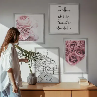 Ensemble de 4 tableaux bouquets de roses au trait
