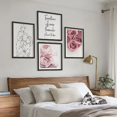 Ensemble de 4 tableaux bouquets de roses au trait