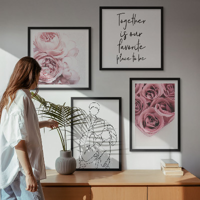 Ensemble de 4 tableaux Bouquets de roses familiaux dessinés au trait