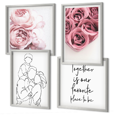Ensemble de 4 tableaux Bouquets de roses familiaux dessinés au trait