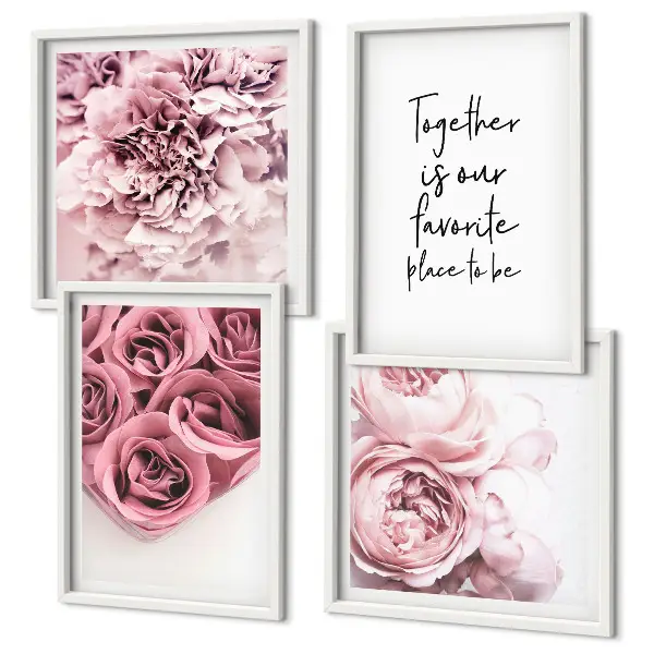 Mur de tableaux bouquets de roses avec inscription maison