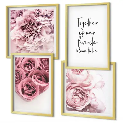 Mur de tableaux bouquets de roses avec inscription maison