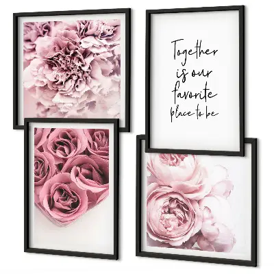 Mur de tableaux bouquets de roses avec inscription maison