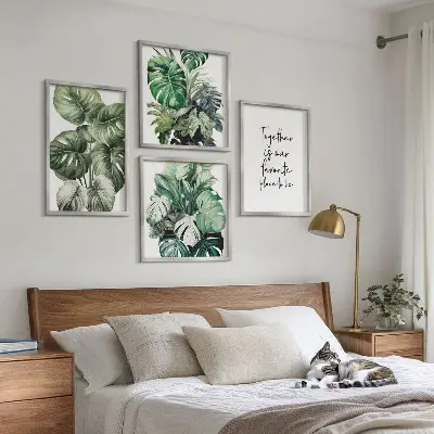 Décoration murale feuilles tropicales vertes ensemble de 4 cadres polyptyques