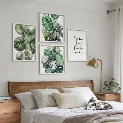 Décoration murale feuilles tropicales vertes ensemble de 4 cadres polyptyques
