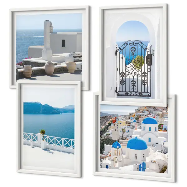 Mur de tableaux représentant des bâtiments de la mer blanche en Grèce