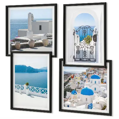 Mur de tableaux représentant des bâtiments de la mer blanche en Grèce