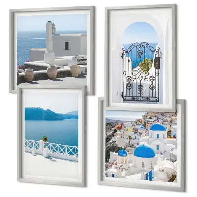 Mur de tableaux représentant des bâtiments de la mer blanche en Grèce