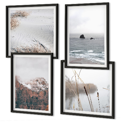 Ensemble de 4 tableaux Vagues abstraites, pastel gris, etc.
