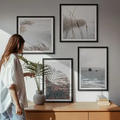 Ensemble de 4 tableaux vagues abstraites dans les tons gris pastel
