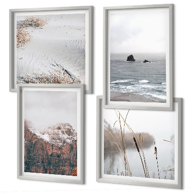 Ensemble de 4 tableaux Vagues abstraites, pastel gris, etc.