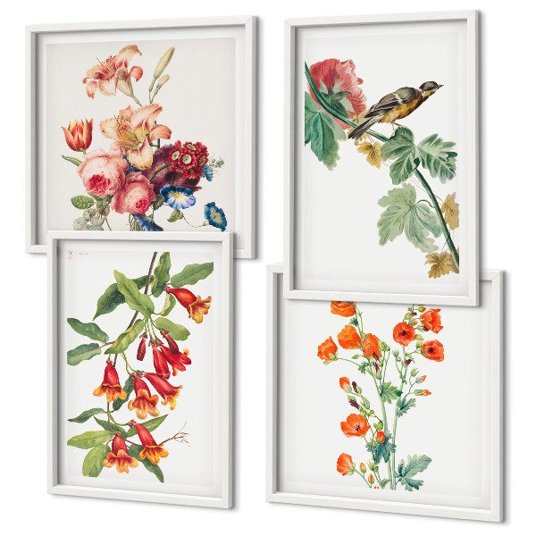 Ensemble de 4 tableaux Oiseau rétro à fleurs peintes
