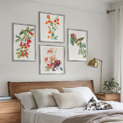 Ensemble de 4 tableaux Oiseau rétro à fleurs peintes