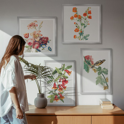 Ensemble de 4 tableaux Oiseau rétro à fleurs peintes