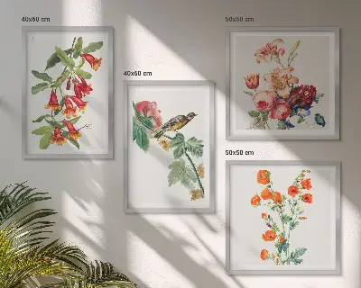 Ensemble de 4 tableaux motif oiseau rétro à fleurs peintes