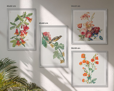 Ensemble de 4 tableaux Oiseau rétro à fleurs peintes
