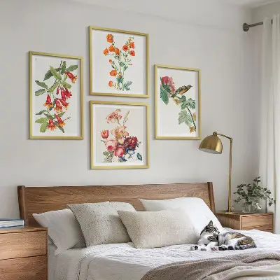 Ensemble de 4 tableaux motif oiseau rétro à fleurs peintes