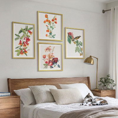 Ensemble de 4 tableaux Oiseau rétro à fleurs peintes