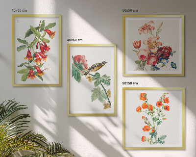 Ensemble de 4 tableaux Oiseau rétro à fleurs peintes