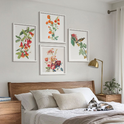 Ensemble de 4 tableaux Oiseau rétro à fleurs peintes