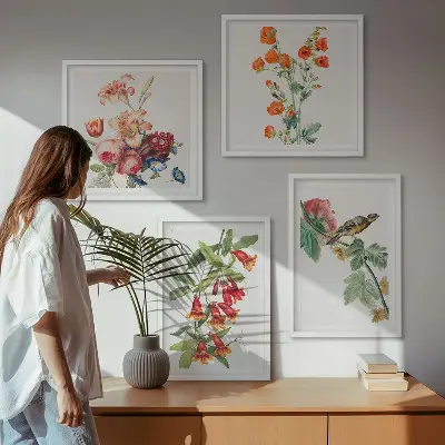 Ensemble de 4 tableaux motif oiseau rétro à fleurs peintes