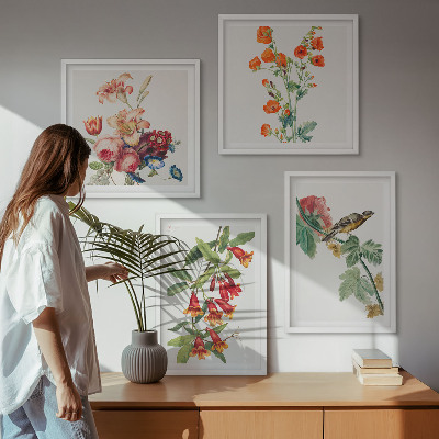 Ensemble de 4 tableaux Oiseau rétro à fleurs peintes