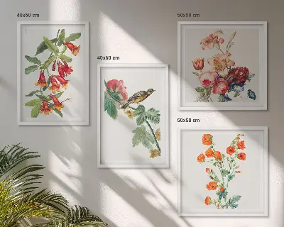 Ensemble de 4 tableaux motif oiseau rétro à fleurs peintes