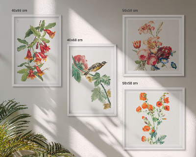 Ensemble de 4 tableaux Oiseau rétro à fleurs peintes