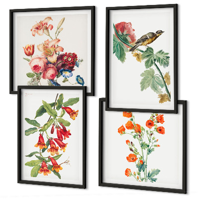 Ensemble de 4 tableaux Oiseau rétro à fleurs peintes