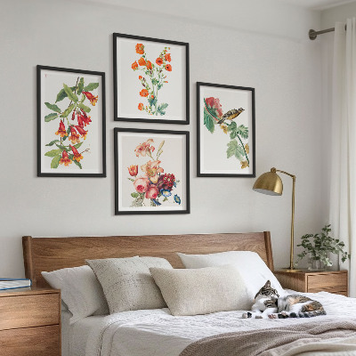 Ensemble de 4 tableaux Oiseau rétro à fleurs peintes