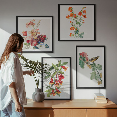 Ensemble de 4 tableaux Oiseau rétro à fleurs peintes